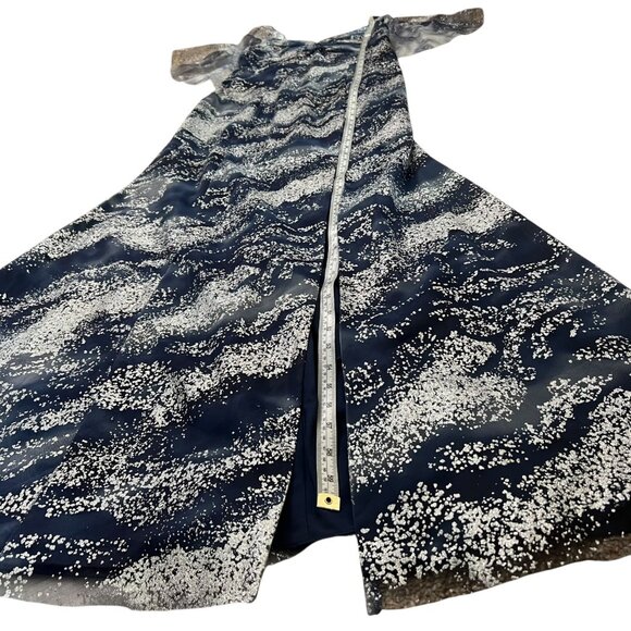 Marchesa Notte Glitter Tulle Cape Sleeve Side Slit Maxi‎ Gown Navy Silver Size 6 - Picture 15 of 15